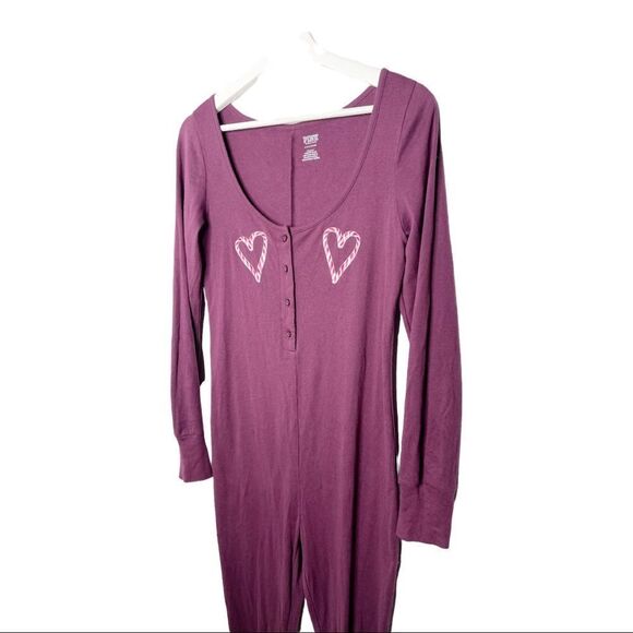 VICTORIA'S SECRET PINK Plum Burgundy Candy Cane Heart Onesie Pajamas Rom… - Picture 2 of 7